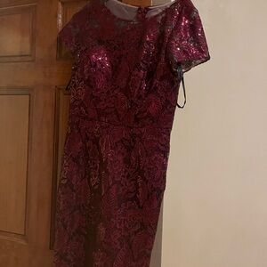 David Meister One Shoulder Burgundy Dress